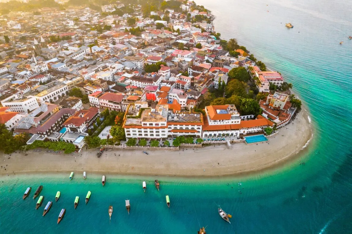 Historic coral stone buildings and carved doors of Stone Town, Zanzibar
